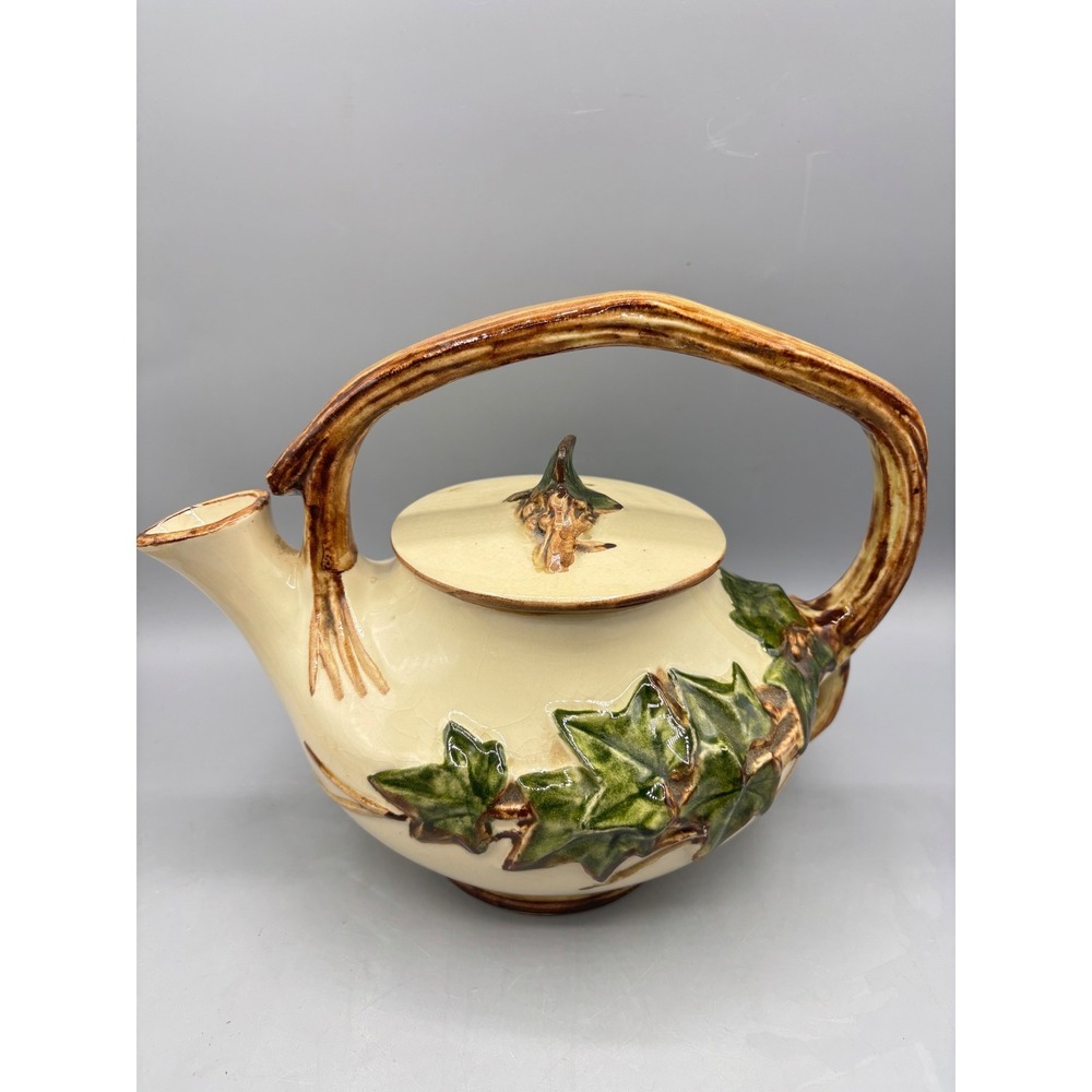 Vtg McCoy Pottery Woodland Teapot Ivy Green Brown Cream Ceramic Art
